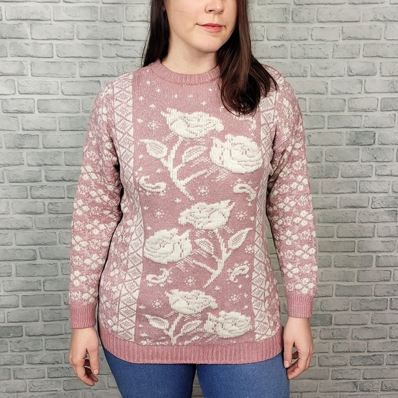 Vintage 80s Private Eyes M Floral Knit Sweater Pink White Rose Pattern Lurex USA - Picture 1 of 9